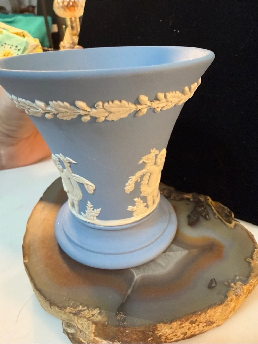 Wedgwood Blue Jasperware Urn vase with Cherub Reliefs Guc 3.25” x 2.5”